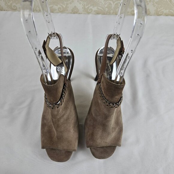 MICHAEL Michael Kors Size 8M Taupe Suede Leather Stiletto Peep Toe Booties Chain - Picture 7 of 16